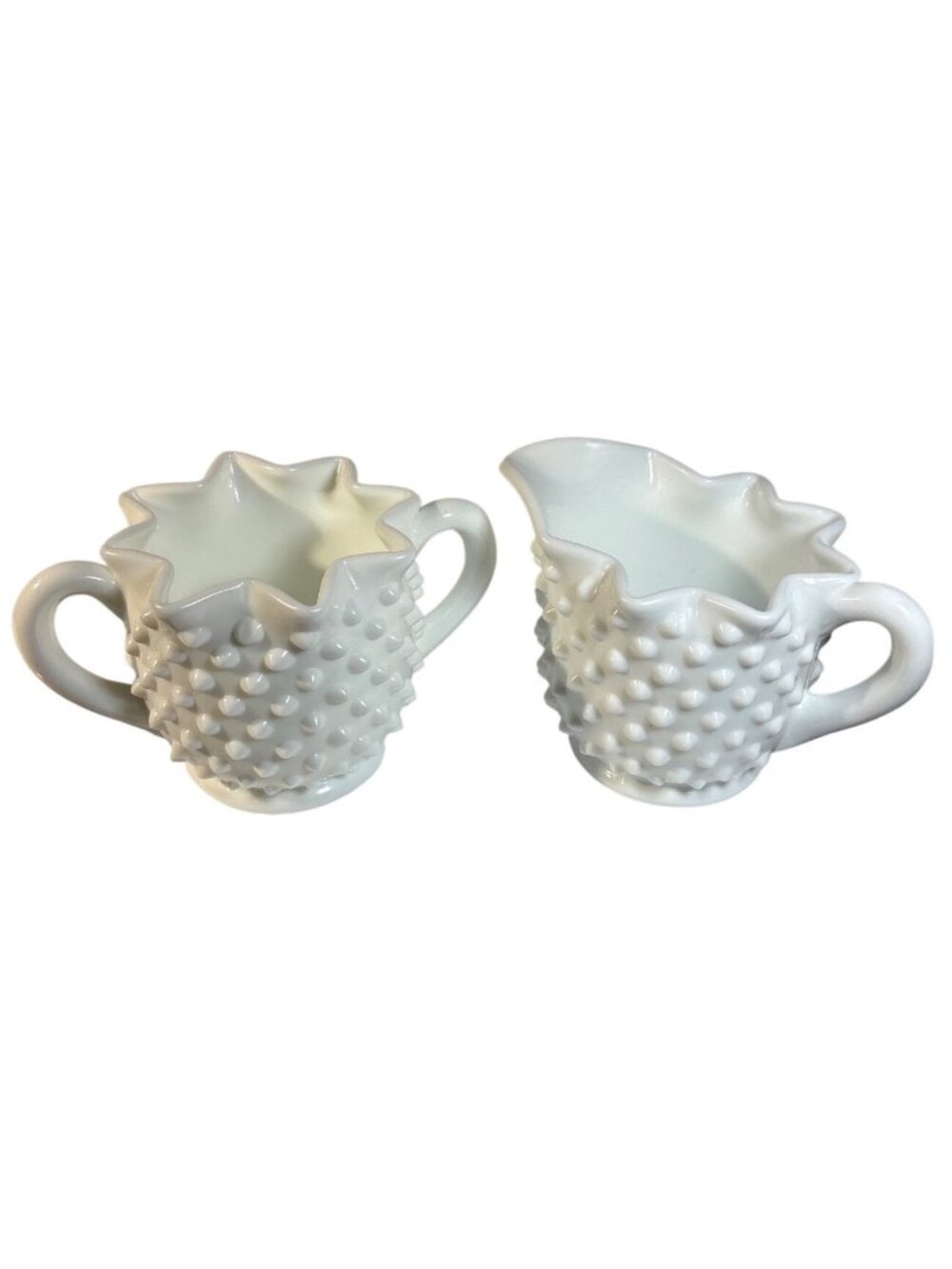 Fenton Hobnail Milk Glass Sugar & Creamer Set Double Handles Star Rim Vintage